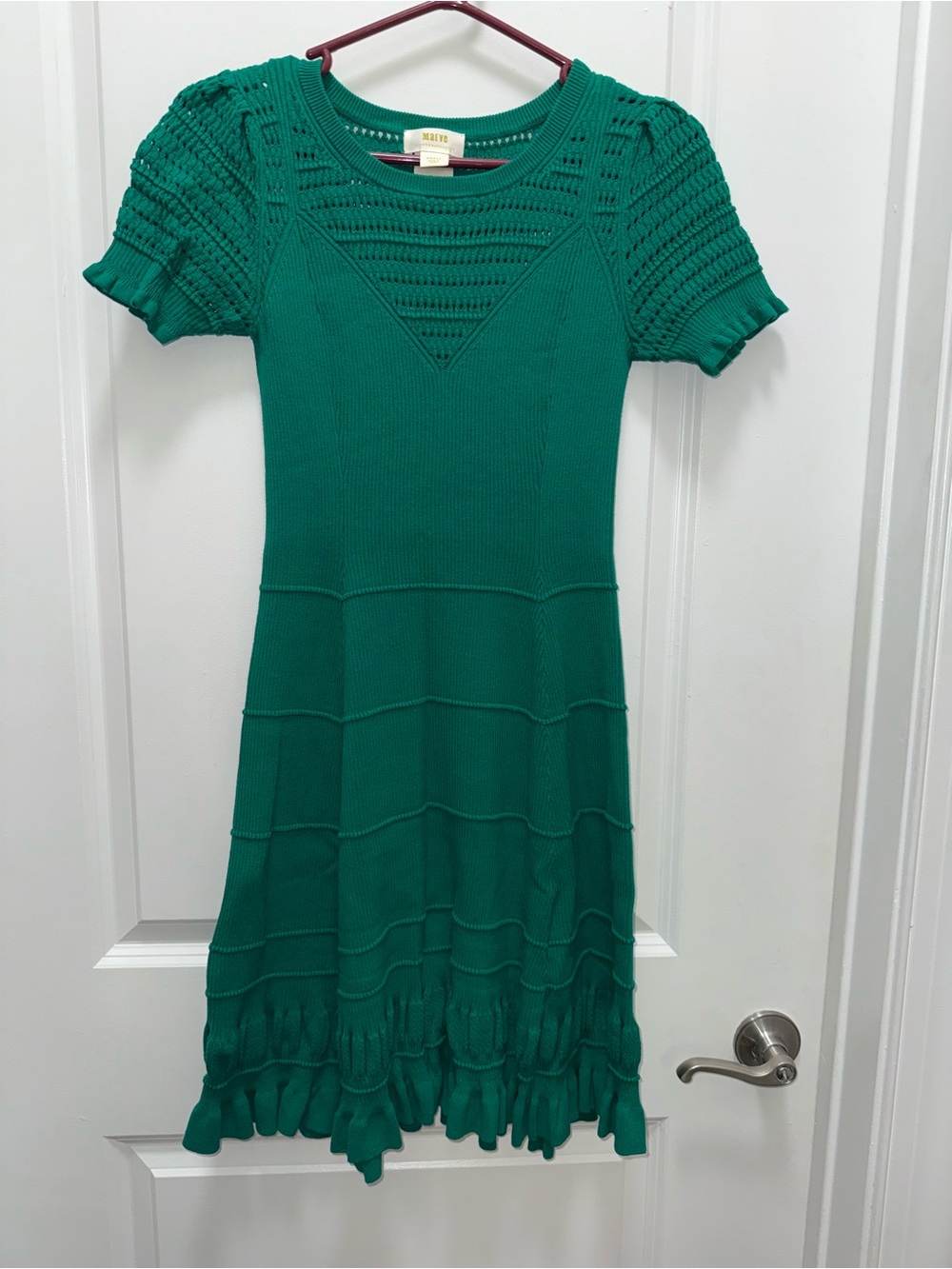 Maeve Anthropologie Emerald Green Pointelle Knit Ruffle Mini Dress Small